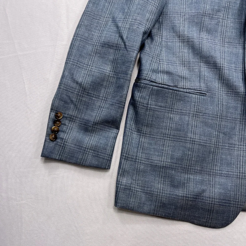 Ralph Lauren Sport Coat Wool Silk Linen Plaid Blue Mens 42L